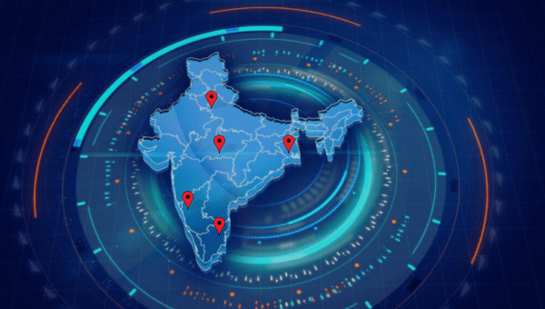India map with some important locations are pinned. It's like technological themes