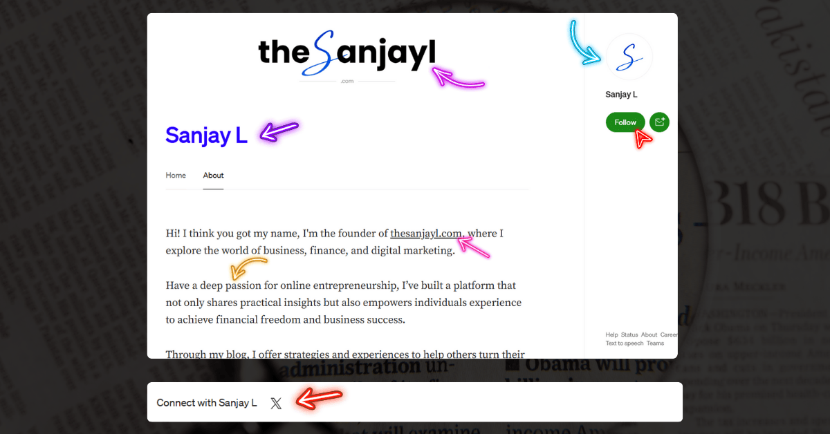Medium profile page screenshot of my page to show example with some marks. How to start a business on Medium