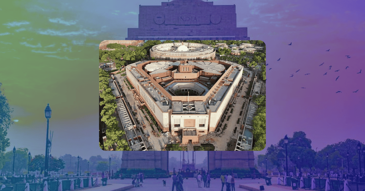 India Gate in Delhi and Drone view of Parliment with Government official Buildings for Business Purpose