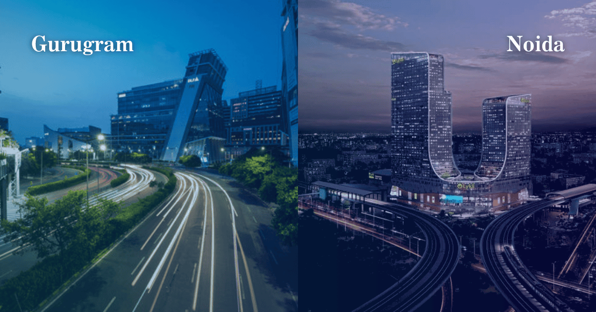 There are two images. Right side image is night view of Gurugram IT Business buildings with Clear view and Left side image is Noida a Unique Infrastructure buildings.