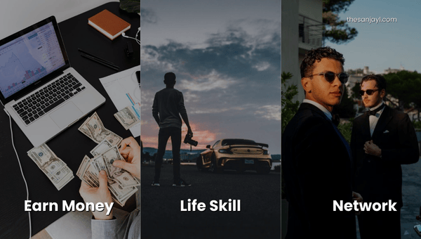 Collage of 3 images with the tag Earn money, life skill and network with like minded people.